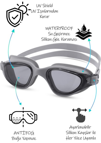 4lü Set Swimmer Pro Buğu Yapmaz Havuz Deniz Yüzücü Gözlüğü Boneli Tıkaçlı Uv Korumalı Yüzme Gri