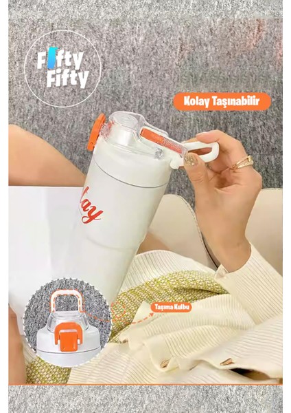 750 ml Tek Kapak Çift Kullanım Pipetli/rahat Içim Çelik Su Matarası