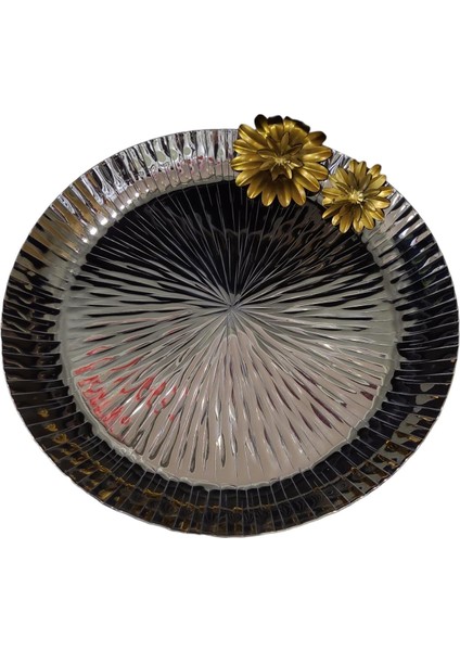 Gümüş Kaplama Gold Renk Çiçek Metal Figürlü Büyük Metal Tepsi 38X38X4CM