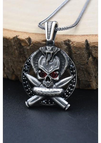 Gümüş Mermili Kurukafa 925 Ayar Erkek Gümüş Kolye Zincir fırsatları