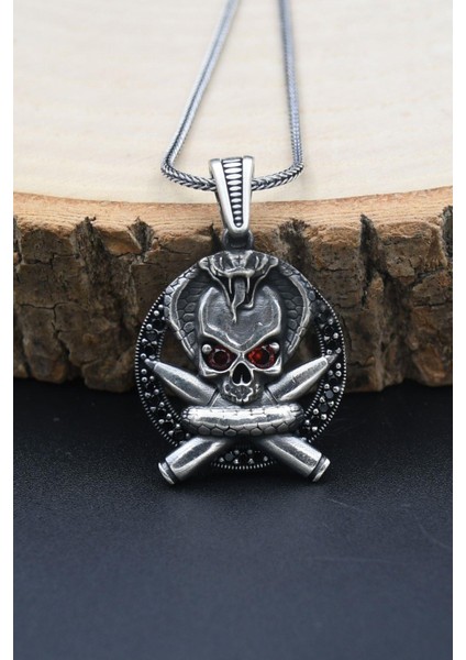 Gümüş Mermili Kurukafa 925 Ayar Erkek Gümüş Kolye Zincir indirimleri