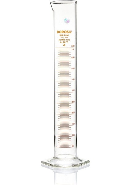 Cam Mezür 500 mL - Dereceli Silindir Sertifikalı - 100% Borosilikat - Taksimat:5.0mL