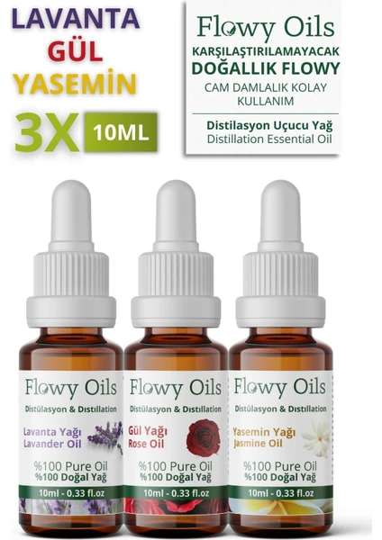 Flowy Oils Lavanta Yağı, Yasemin Yağı, Gül Yağı 3'lü Favori Set Bitkisel Uçucu Yağ 10 ml x 3