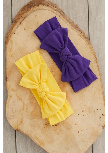 El Yapımı Yumuşak Fiyonk Bağlamalı Doğal Pamuklu Penye 2'li Bebek Çocuk Kız Bandana Mor Sarı