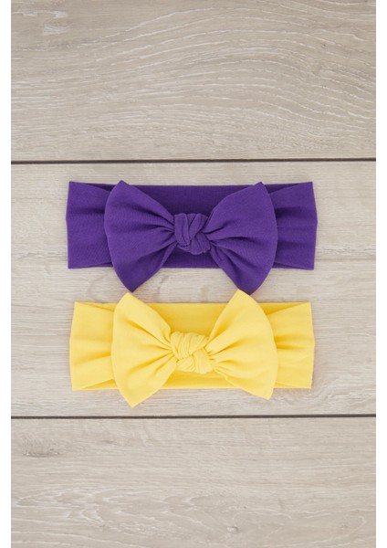 El Yapımı Yumuşak Fiyonk Bağlamalı Doğal Pamuklu Penye 2'li Bebek Çocuk Kız Bandana Mor Sarı modelleri