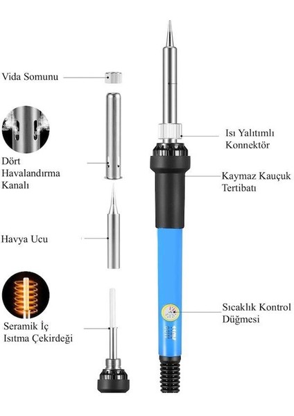 Electrimax 60W Isı Ayarlı Sıcaklık Ayarlanabilir Kalem Havya Lehim Makinası, Lehim ve Pasta