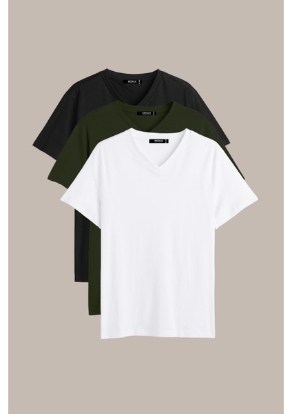 Metalıc Erkek Çok Renkli T- Shirt Regular Fit Rahat Kesim V Yaka 3'lü Basic Tişört Paketi