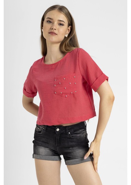 Kadın Cebi Taş Detaylı Salaş Bluz fırsatları