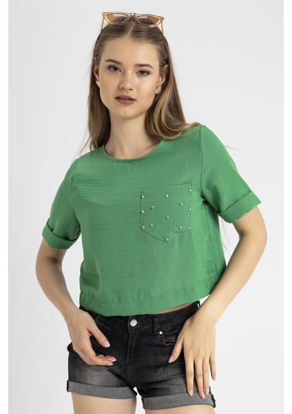 Kadın Cebi Taş Detaylı Salaş Bluz indirimleri