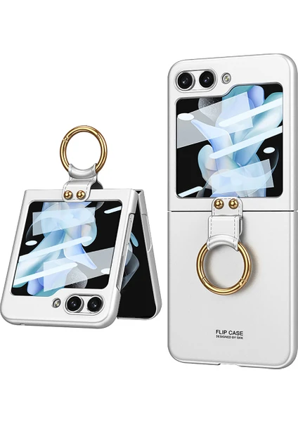 Case 4U Samsung Galaxy Z Flip 5 Uyumlu Kılıf 180 Derece Yüzüklü Kıpta Kapak Gümüş