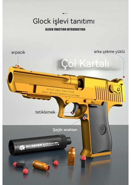 Girlhood And Boyhood Golden Desert Eagle Kabuk Fırlatma Yumuşak Kurşun M1911 Tabanca Glock Çocuk Oyuncak Simülasyonu Kurşun Kapmak (Yurt Dışından)