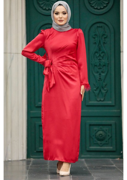 Tesettürlü Abiye Elbise - Drape Detaylı Kırmızı Tesettür Saten Abiye Elbise 5921K