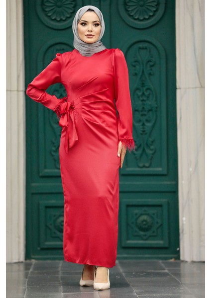 Tesettürlü Abiye Elbise - Drape Detaylı Kırmızı Tesettür Saten Abiye Elbise 5921K