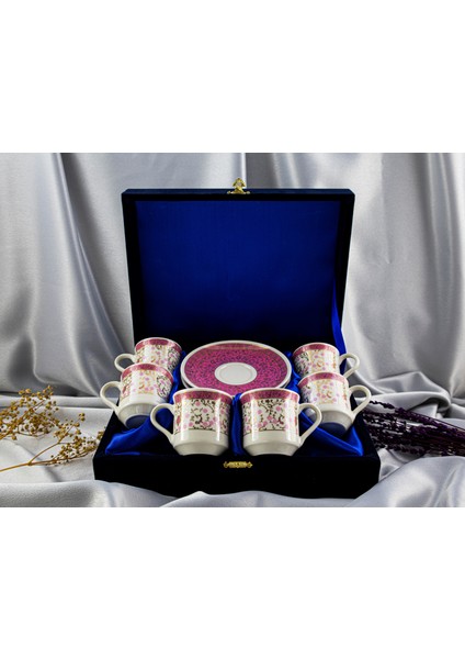 Porselen 6'lı Altın Yaldızlı Fincan Takımı Kadife Kutulu