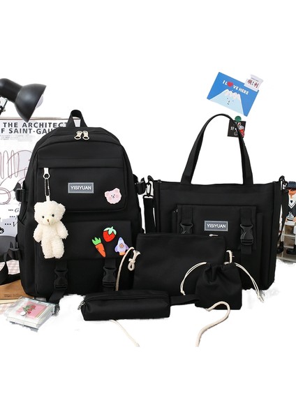 Yeni Kanvas Sırt Çantası Kadın Kore Versiyonu Büyük Kapasiteli Beş Parçalı Set Ortaokul Öğrenci Sırt Çantası Üniversite Öğrenci Çantası (Yurt Dışından)