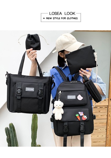 Yeni Kanvas Sırt Çantası Kadın Kore Versiyonu Büyük Kapasiteli Beş Parçalı Set Ortaokul Öğrenci Sırt Çantası Üniversite Öğrenci Çantası (Yurt Dışından) fırsatları