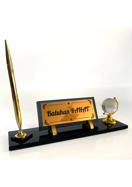 Masa Üstü Cam Isimlik Kalem ve Dünya Aksesuarlı Füme Hediye Seti C3