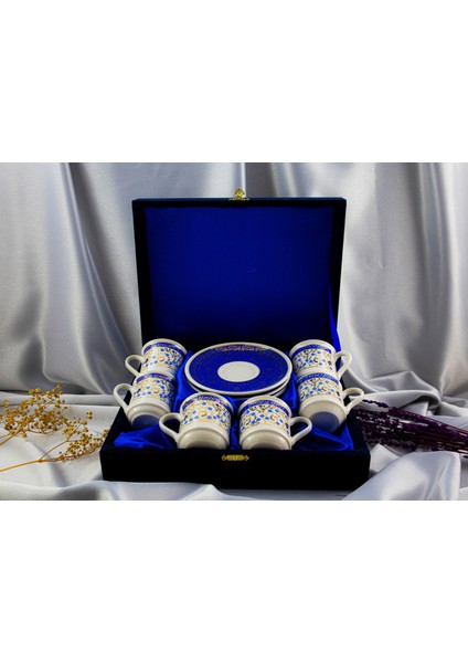 Porselen 6'lı Altın Yaldızlı Fincan Takımı Kadife Kutulu