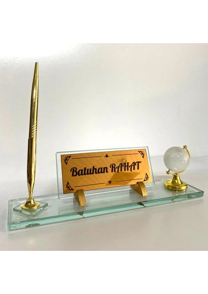 Masa Üstü Cam Isimlik Kalem ve Dünya Aksesuarlı Şeffaf Hediye Seti C4
