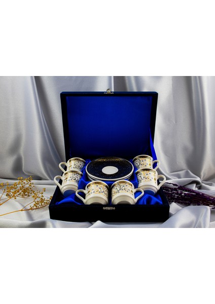 Porselen 6'lı Altın Yaldızlı Fincan Takımı Kadife Kutulu