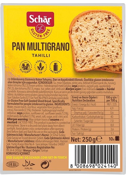 Pan Multigrano Glutensiz Ketenli Ayçekirdekli Ekmek 250 gr (8 Adet)