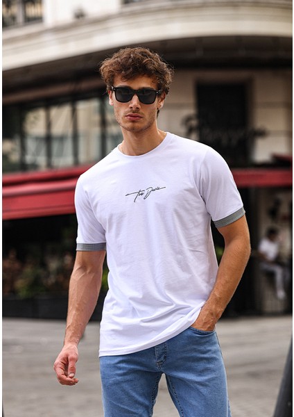 Nakışlı Slim Fit Erkek Tişört %100 Pamuk Bisiklet Yaka T-Shirt