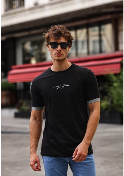 Nakışlı Slim Fit Erkek Tişört %100 Pamuk Bisiklet Yaka T-Shirt