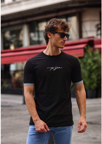 Nakışlı Slim Fit Erkek Tişört %100 Pamuk Bisiklet Yaka T-Shirt