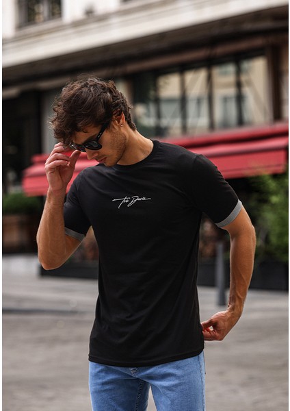 Nakışlı Slim Fit Erkek Tişört %100 Pamuk Bisiklet Yaka T-Shirt