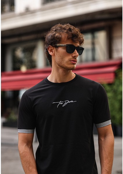 Nakışlı Slim Fit Erkek Tişört %100 Pamuk Bisiklet Yaka T-Shirt