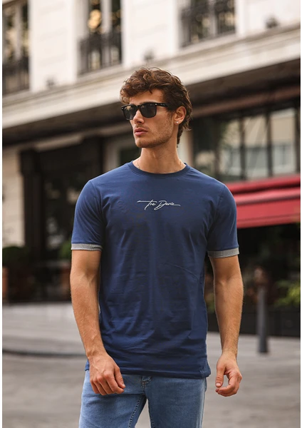 Nakışlı Slim Fit Erkek Tişört %100 Pamuk Bisiklet Yaka T-Shirt