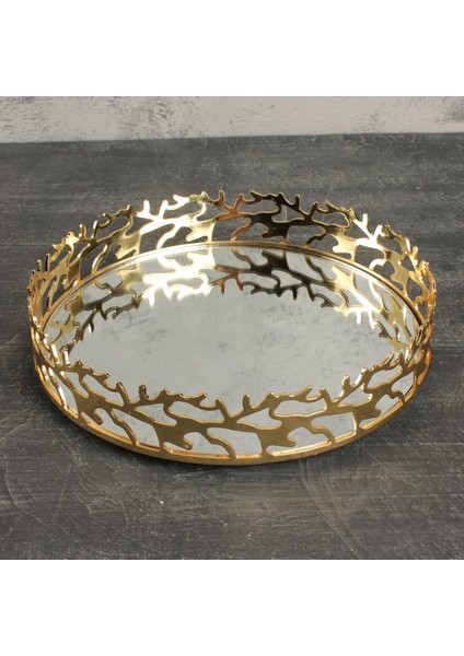 Çınar Aynalı Tepsi Lazer Kesim Dekoratif Tepsi Küçük Boy Gold Renk