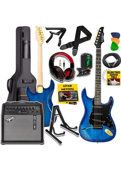 GLC-40BL-50AMP Elektro Gitar Seti 50 Watt Şarjlı Bt Amfi Kulaklık ve Full Set