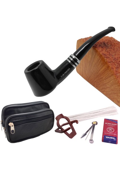 Siyah Parlak Sandalwood Bilezikli Ahşap Pipo Seti RC98-TAKIM