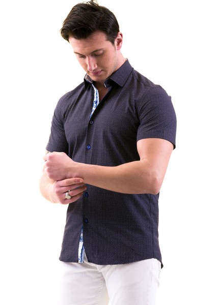 Lacivert Beyaz Baskılı Yaka ve Göğüs Içi Mavi Beyaz Gül Detaylı Slim Fit Kısa Kollu Pamuk Gömlek
