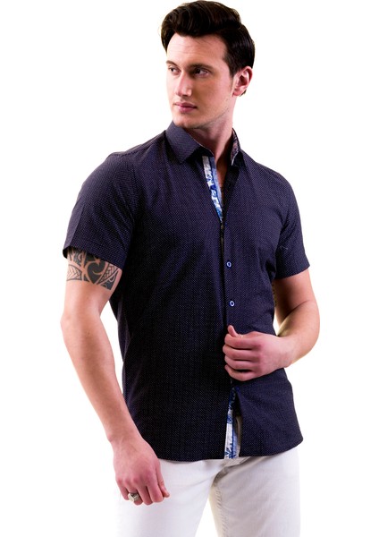 Lacivert Beyaz Baskılı Yaka ve Göğüs Içi Mavi Beyaz Gül Detaylı Slim Fit Kısa Kollu Pamuk Gömlek modelleri