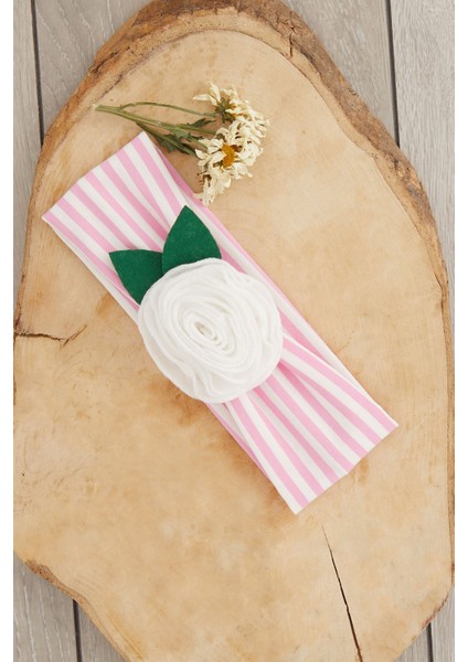 Pembe Beyaz El Yapımı Yumuşak Eşsiz Aksesuarlı Doğal Pamuklu Penye Bebek Çocuk Kız Bandana Gül Serisi