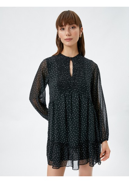 Mini Şifon Elbise Puantiyeli Pencere Detaylı Gipeli fiyatları