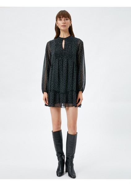 Mini Şifon Elbise Puantiyeli Pencere Detaylı Gipeli modelleri