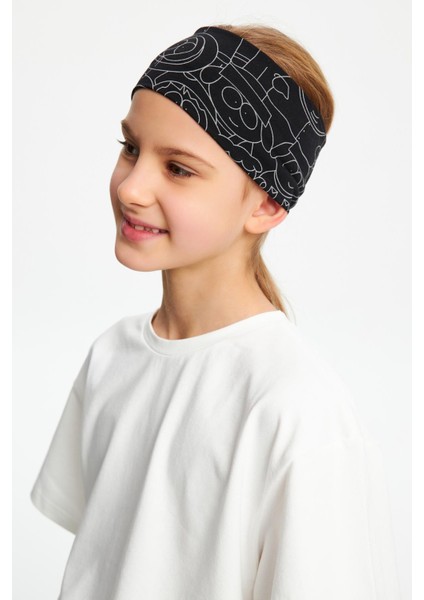 Siyah-Melanj Kız Pamuklu Penye, Kaymaz, Terletmez, Ultra Hafif, Esnek Desenli Saç Bandı Bandana