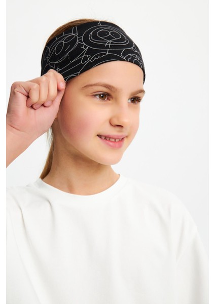 Siyah-Melanj Kız Pamuklu Penye, Kaymaz, Terletmez, Ultra Hafif, Esnek Desenli Saç Bandı Bandana