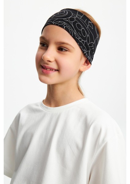 Siyah-Melanj Kız Pamuklu Penye, Kaymaz, Terletmez, Ultra Hafif, Esnek Desenli Saç Bandı Bandana
