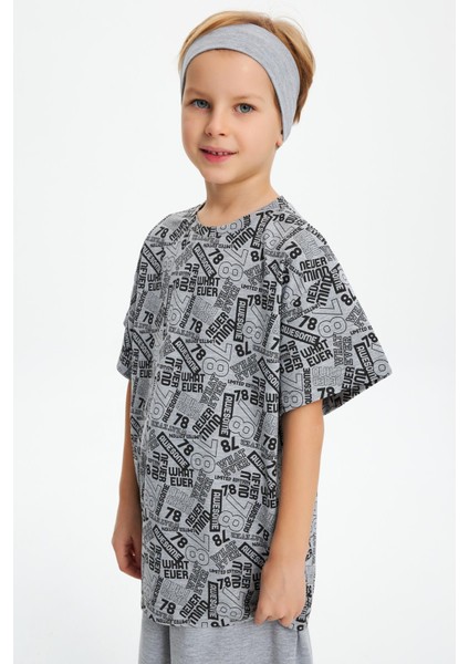 Gri Erkek Çocuk Pamuklu Penye Oversize Gri T-Shirt Bandana 2'li Takım
