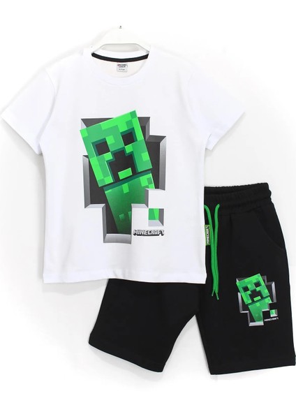 Minecraft Erkek Çocuk Şortlu Takım 6 - 14 Yaş Siyah Beyaz
