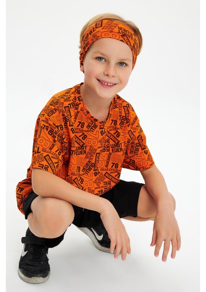 Turuncu Erkek Çocuk Pamuklu Penye Oversize Gri T-Shirt Bandana 2'li Takım