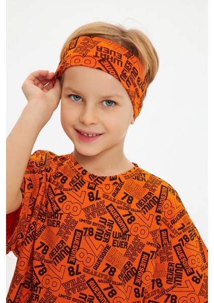 Turuncu Erkek Çocuk Pamuklu Penye Oversize Gri T-Shirt Bandana 2'li Takım modelleri