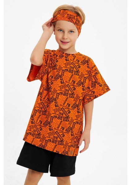 Turuncu Erkek Çocuk Pamuklu Penye Oversize Gri T-Shirt Bandana 2'li Takım indirimleri