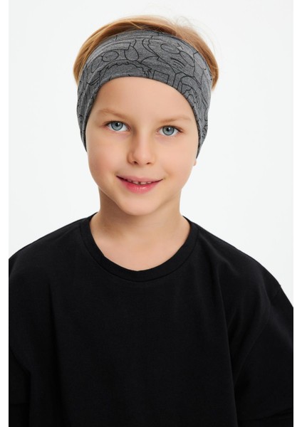 Füme Desenli-Siyah Erkek Çocuk Pamuklu Penye Oversize Kamuflaj T-Shirt Bandana İkili Takım