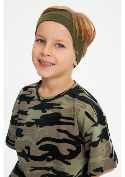 Haki-Kamuflaj Erkek Çocuk Pamuklu Penye Oversize Kamuflaj T-Shirt Bandana İkili Takım fırsatları