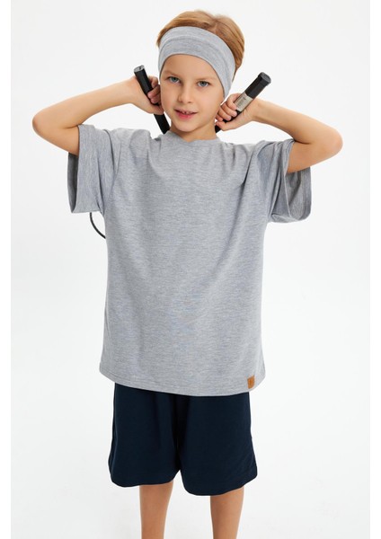 Gri-Lacivert Erkek Çocuk Pamuklu Penye Oversize Gri T-Shirt Gri Bandana 2'li Takım fiyatları